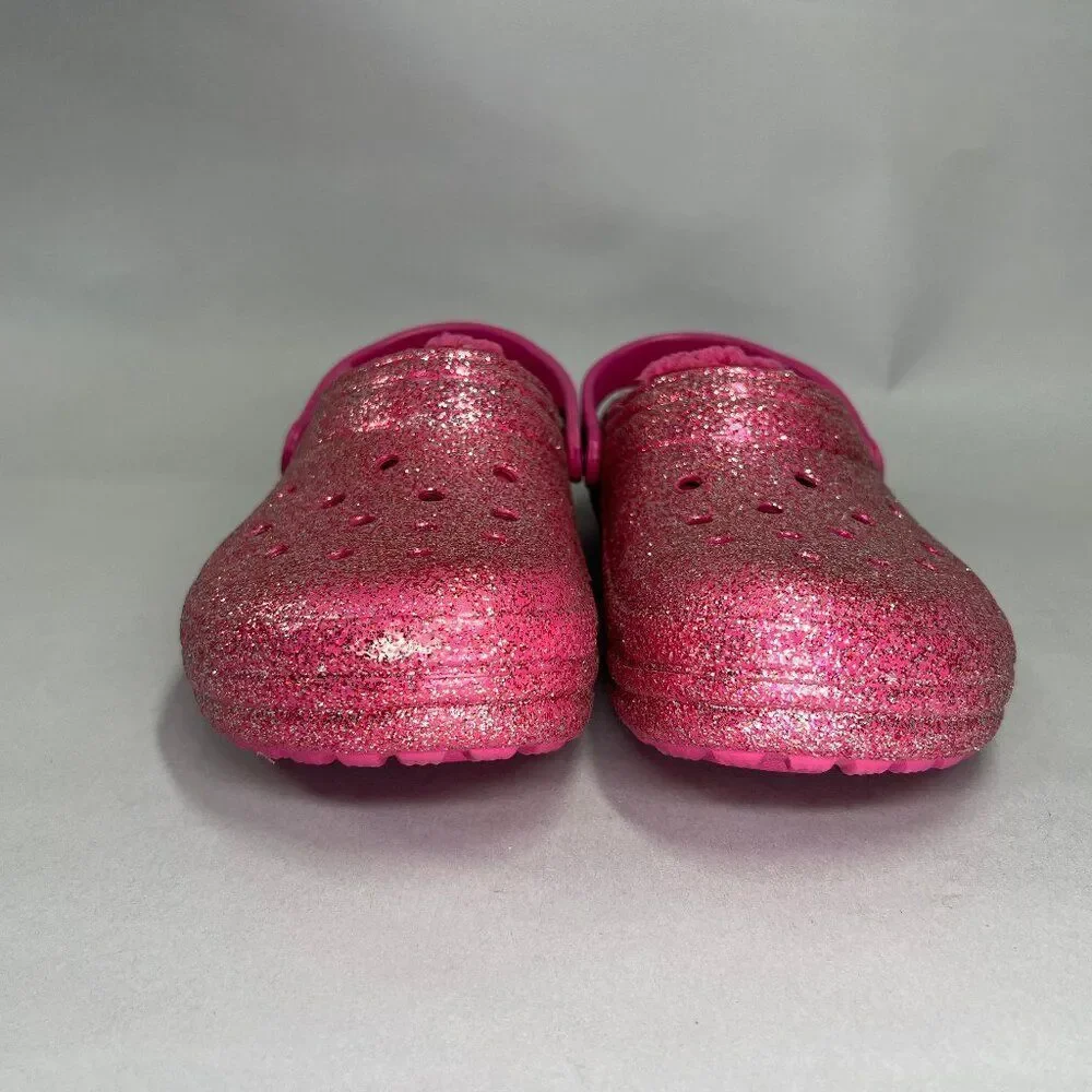 Crocs Pink Glitter Shoes Girl's Size 6 Insulated Lined‎ Slip On Clog Sandals
